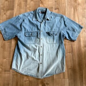 Vintage Faded Glory Denim Button Up Shirt Men Large Chambray Blue Ombre Fade
